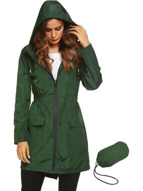 Women Green Solid Packable Hooded Active Lightweight Waterproof Trench Rain Coat